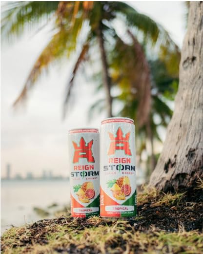Nutrition facts label on REIGN Storm Tropical emphasizing clean energy benefits.