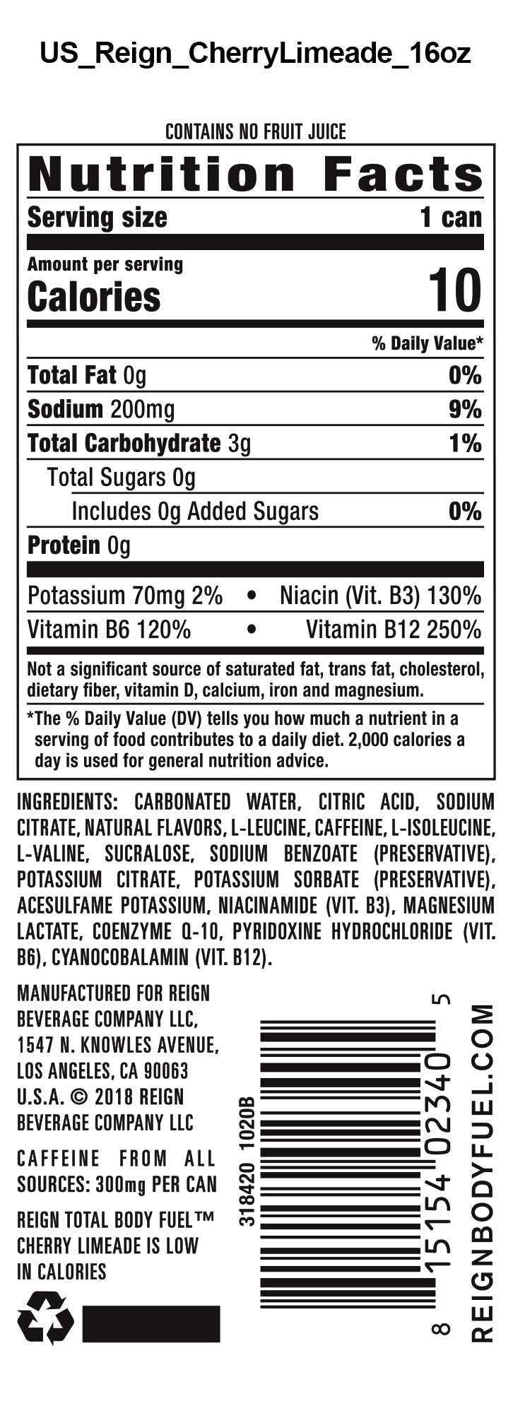 Close-up of the Cherry Limeade label showing natural caffeine and BCAAs for steady energy.