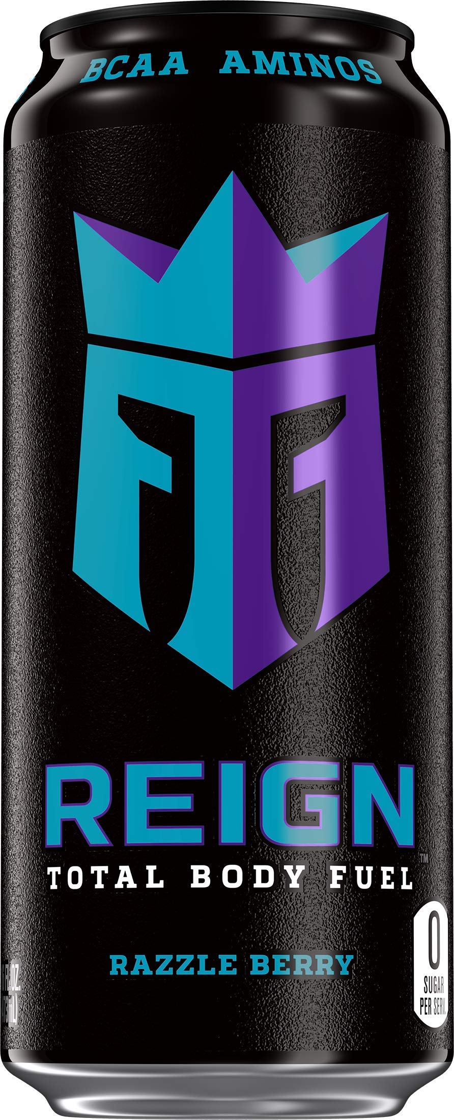 Close-up of Reign Total Body Fuel label showing zero sugar and clean ingredients.