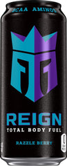 Close-up of Reign Total Body Fuel label showing zero sugar and clean ingredients.