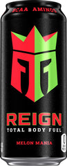 Front label of Reign Total Body Fuel shows CoQ10 and electrolytes for energy.