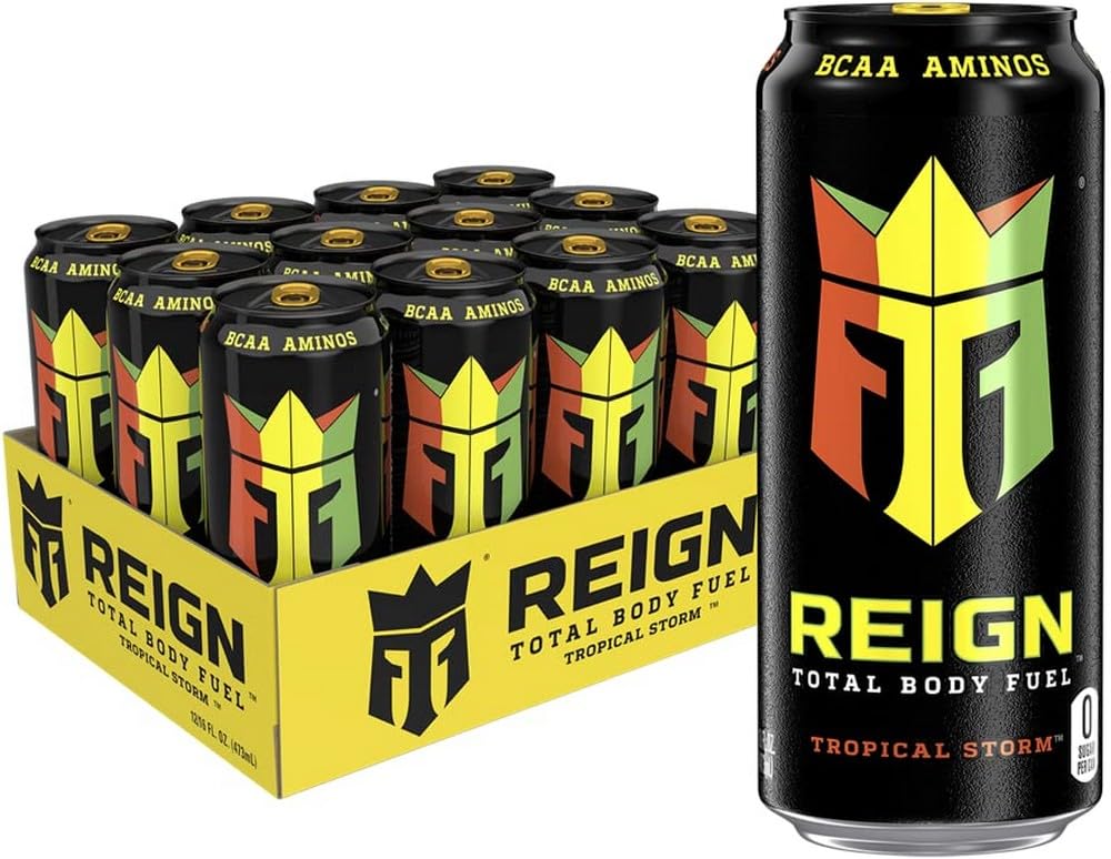 REIGN Total Body Fuel Tropical Storm bottle shows zero sugar and low calories for active days.