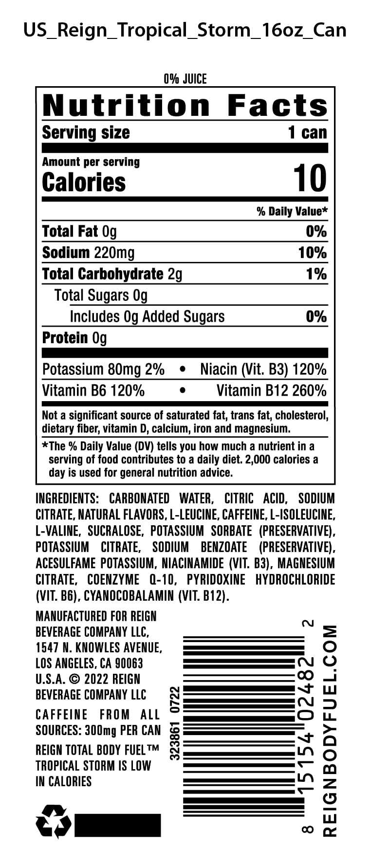 REIGN Tropical Storm ingredients overview showing BCAAs and electrolytes for recovery.