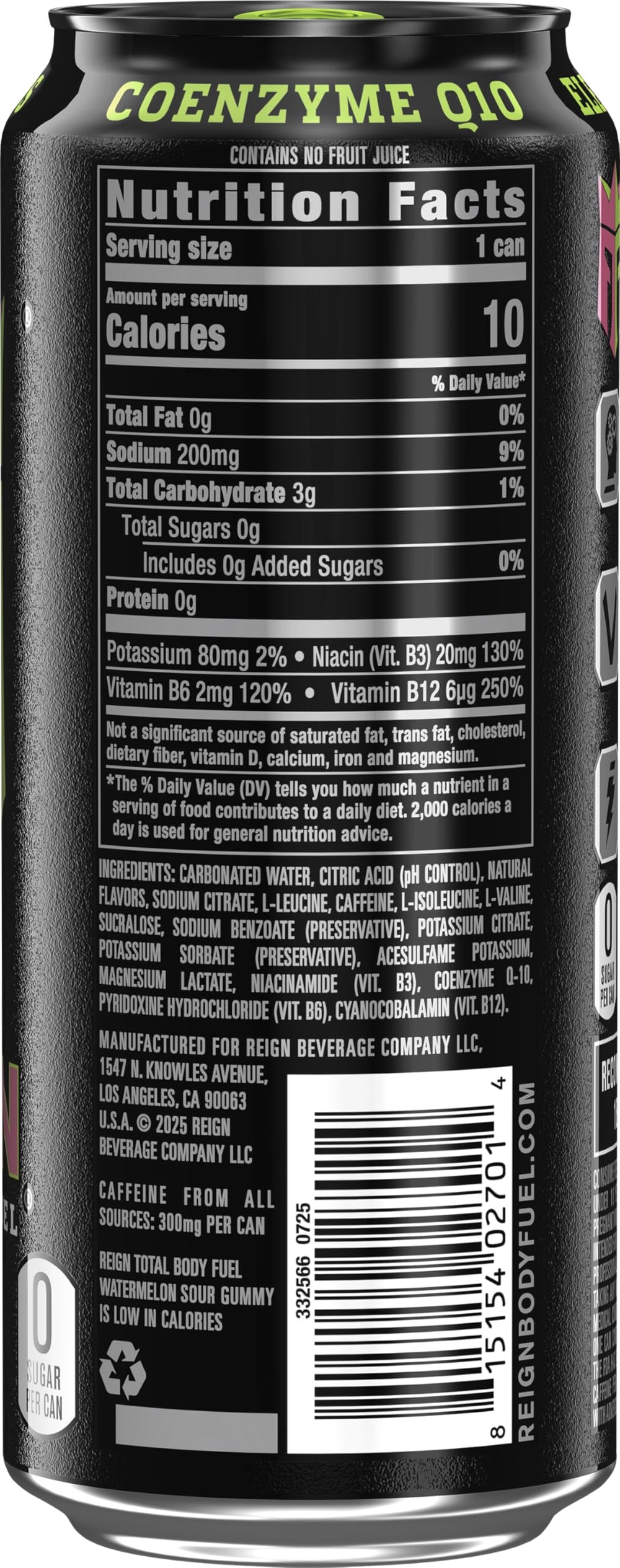 REIGN Total Body Fuel Watermelon Sour Gummy label closeup highlighting ingredients