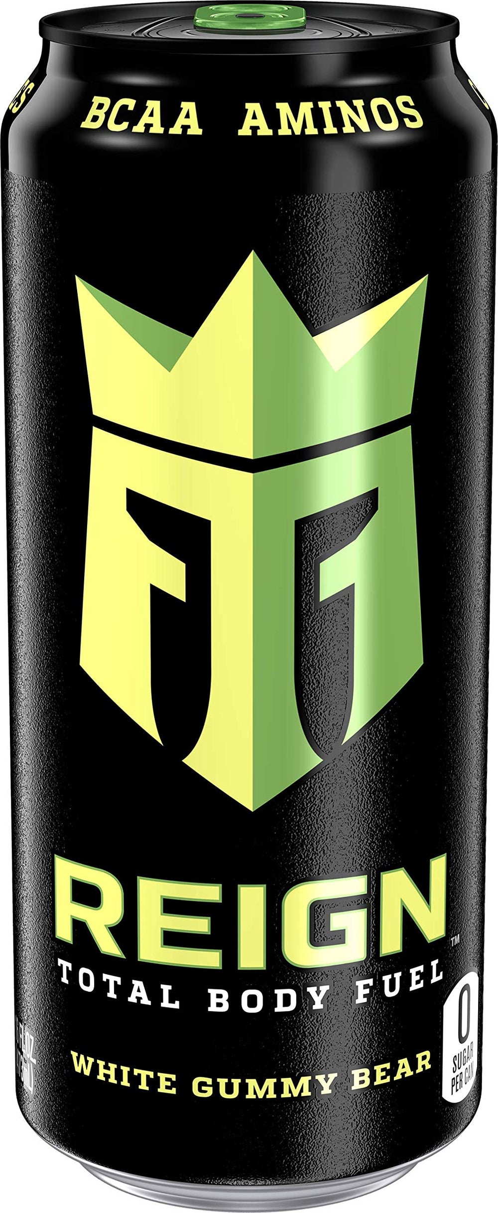 Reign Total Body Fuel White Gummy Bear can on display, delivering zero sugar energy for workouts.