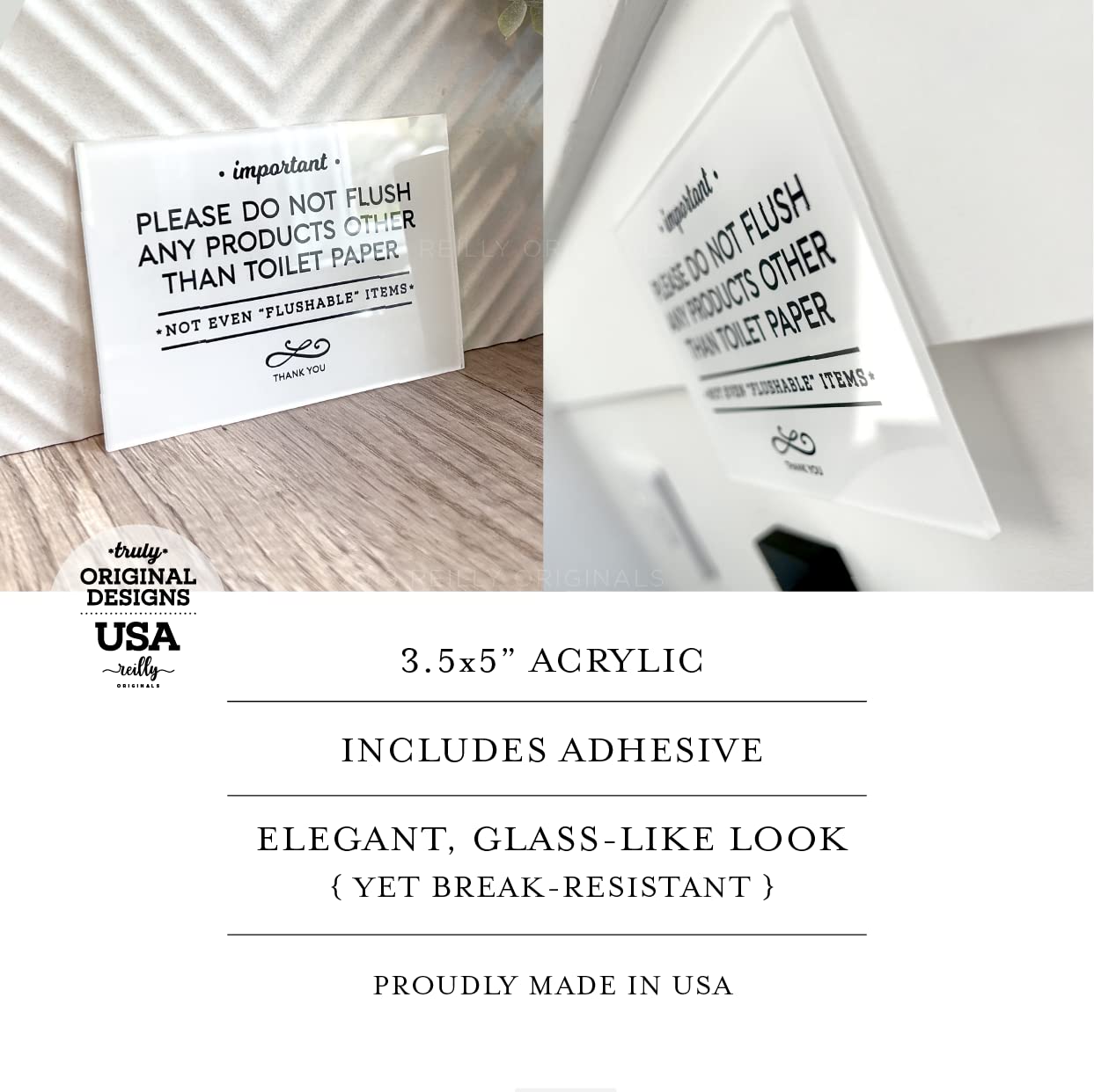 Reilly Originals bathroom sign features glass-like look that resists breakage in busy spaces.