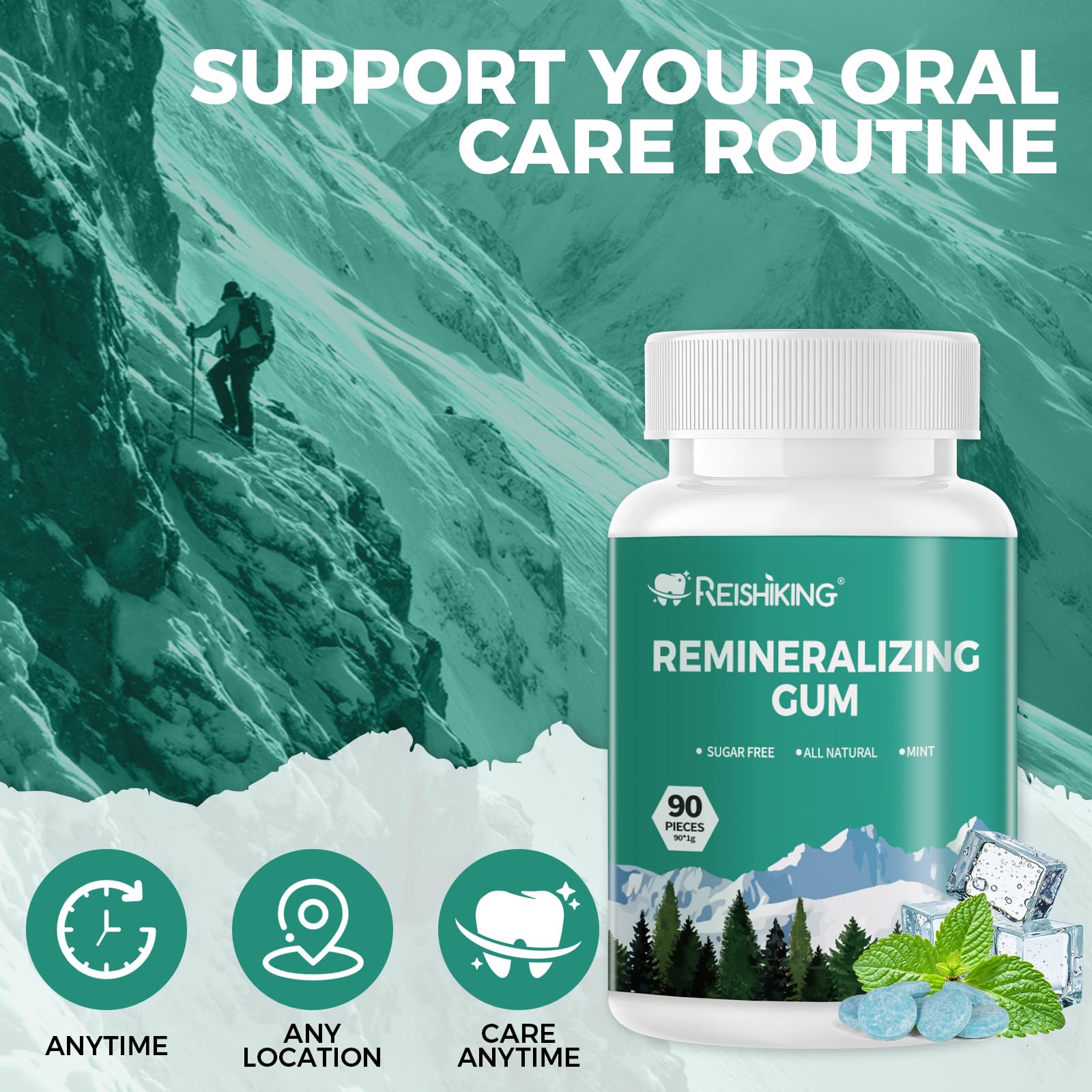 REISHIKING Mint-flavor gum offers a refreshing after-meal aroma.