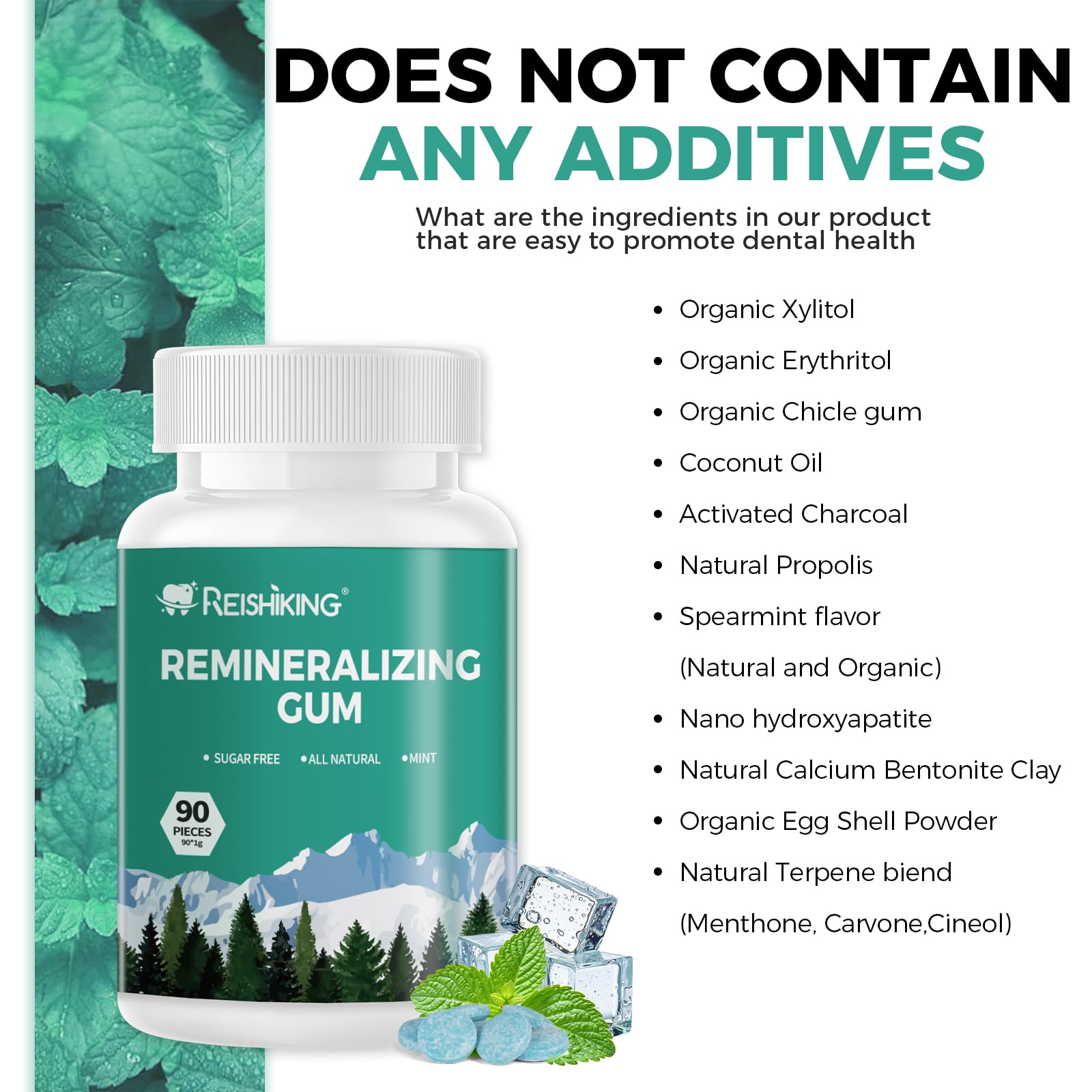 Xylitol and minerals graphic beside REISHIKING gum.