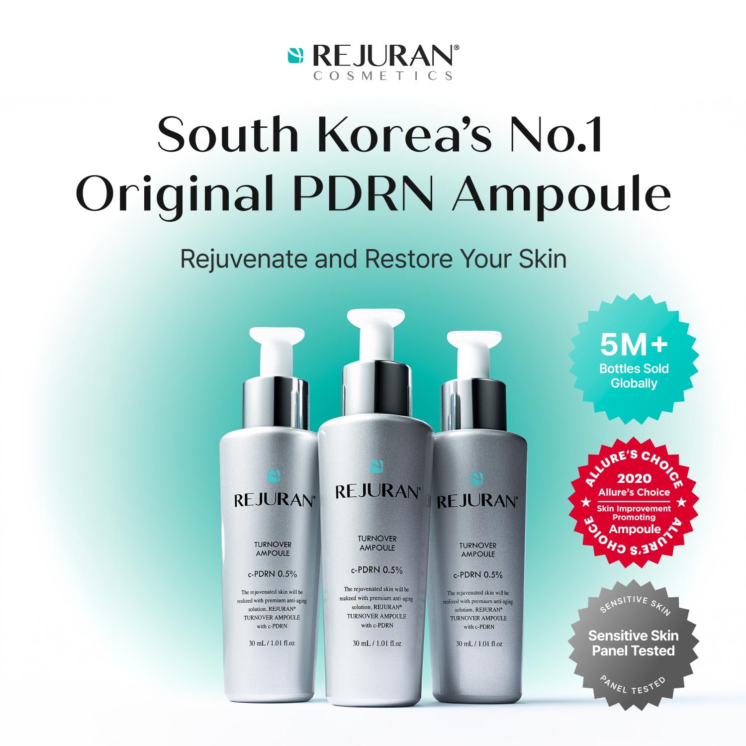 Close-up of REJURAN Turnover Ampoule serum drop highlighting easy application.