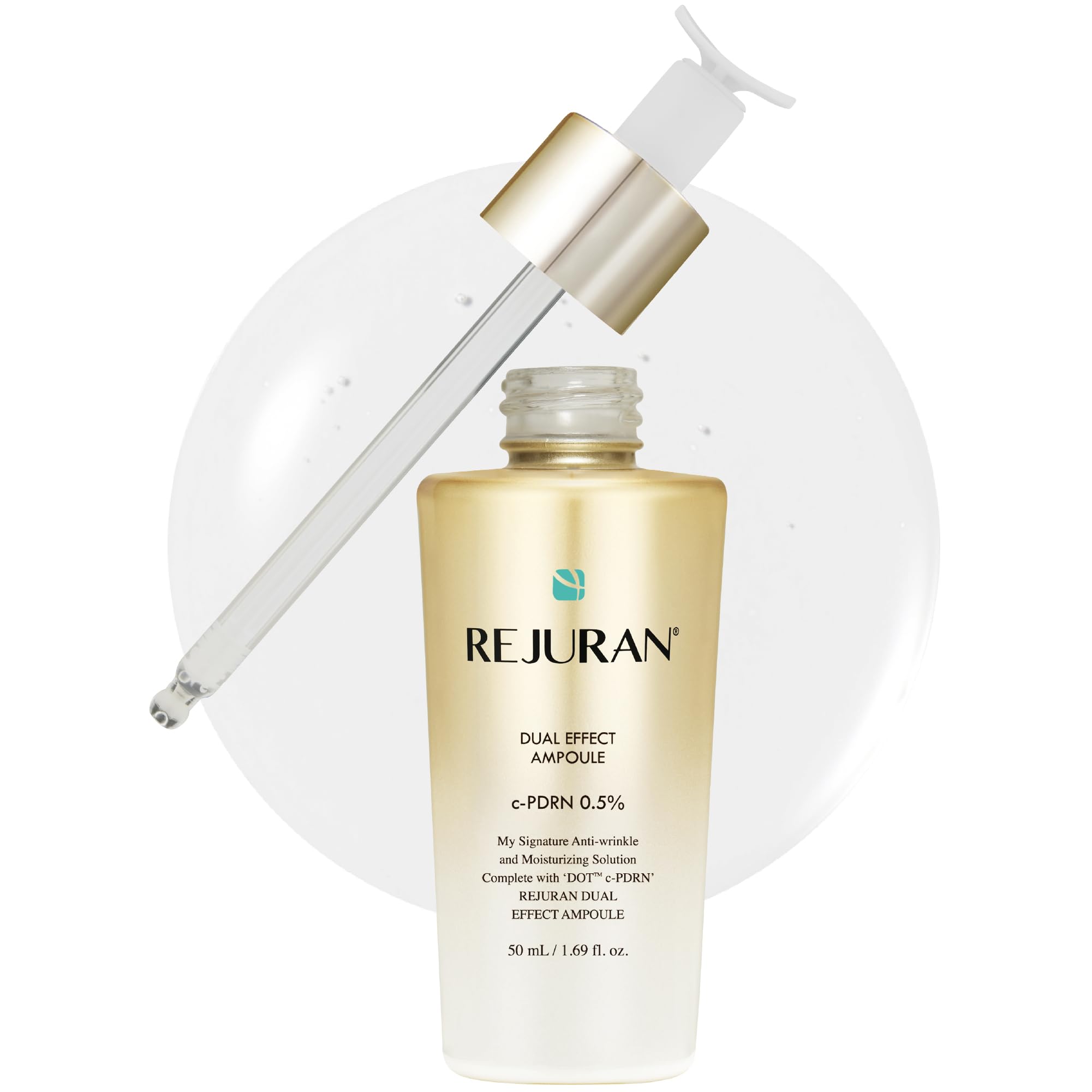 REJURAN Dual Effect Ampoule bottle close-up highlighting DOT technology for deep skin repair.