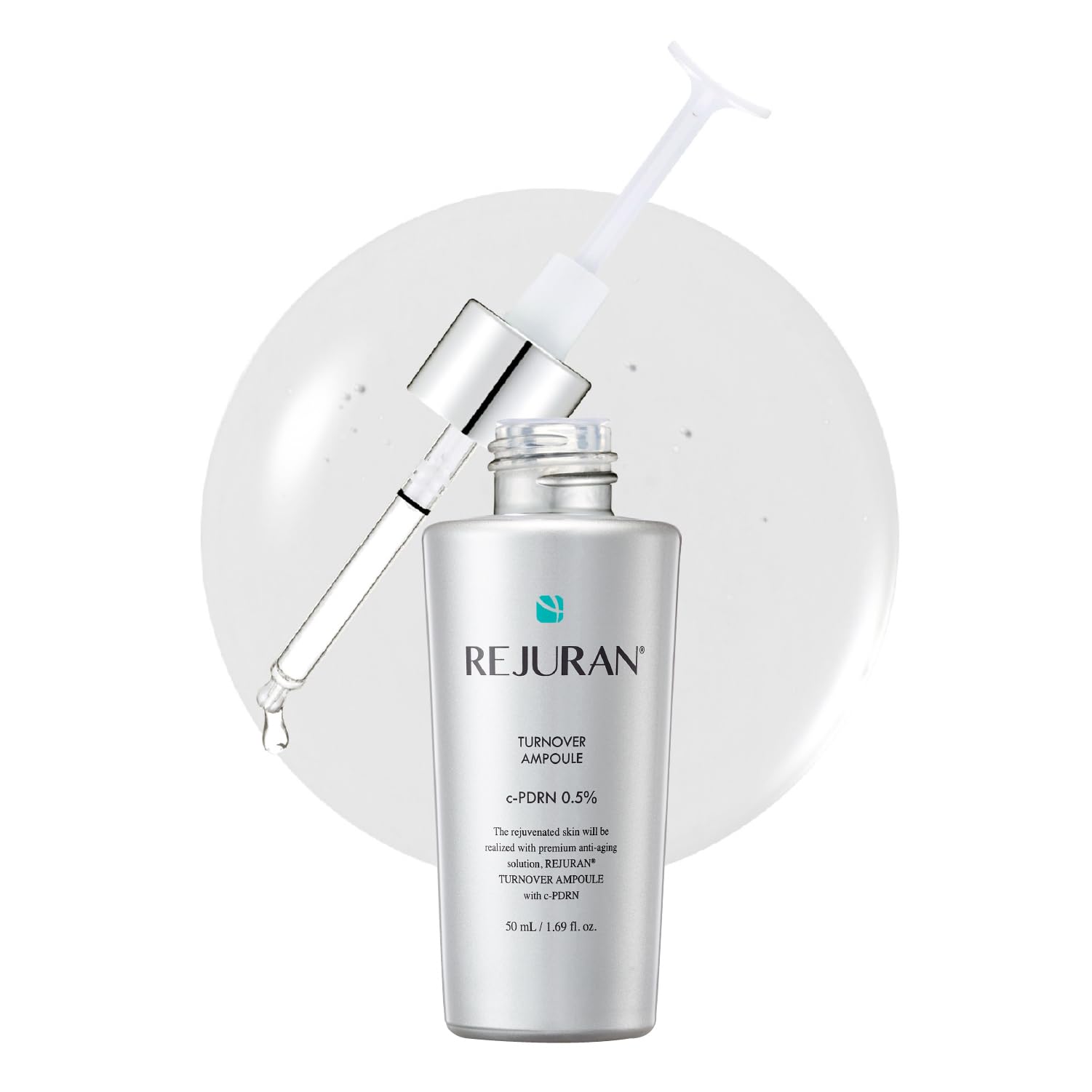 REJURAN Turnover Ampoule bottle close-up showing premium serum texture for daily hydration.