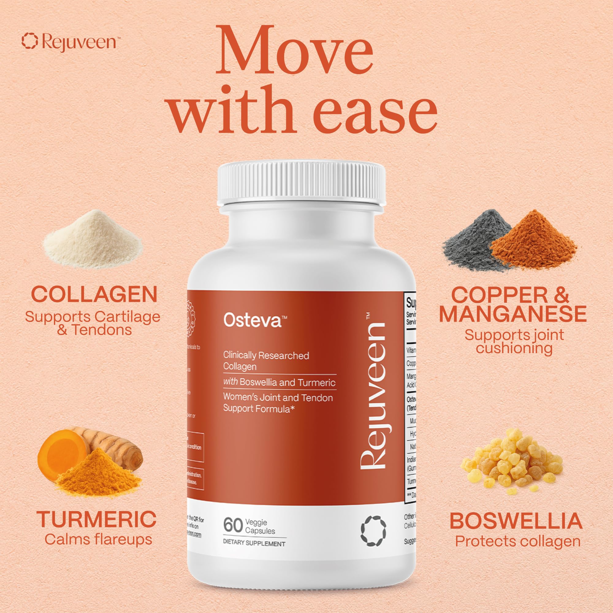 Rejuveen Osteva label detail showcasing non-GMO formulation for women