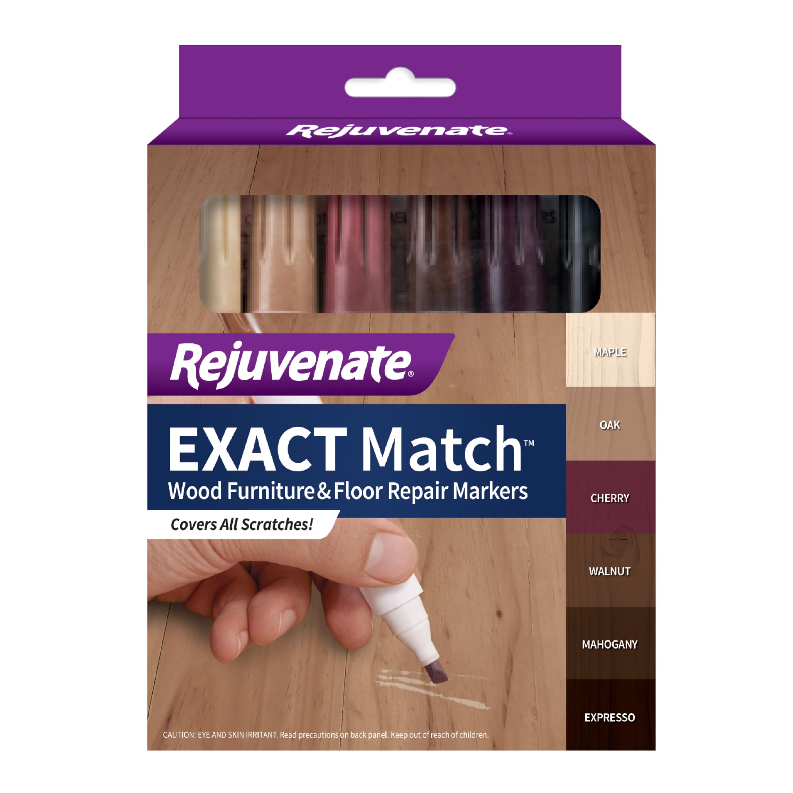 Rejuvenate Exact Match markers kit showing six colors for precise wood repairs.
