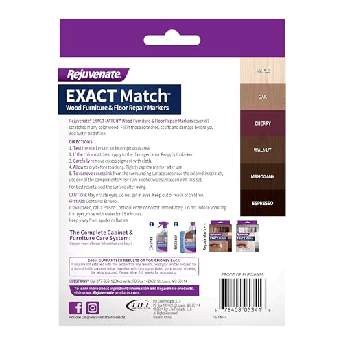Rejuvenate Exact Match maple color marker blending on light wood scratches.