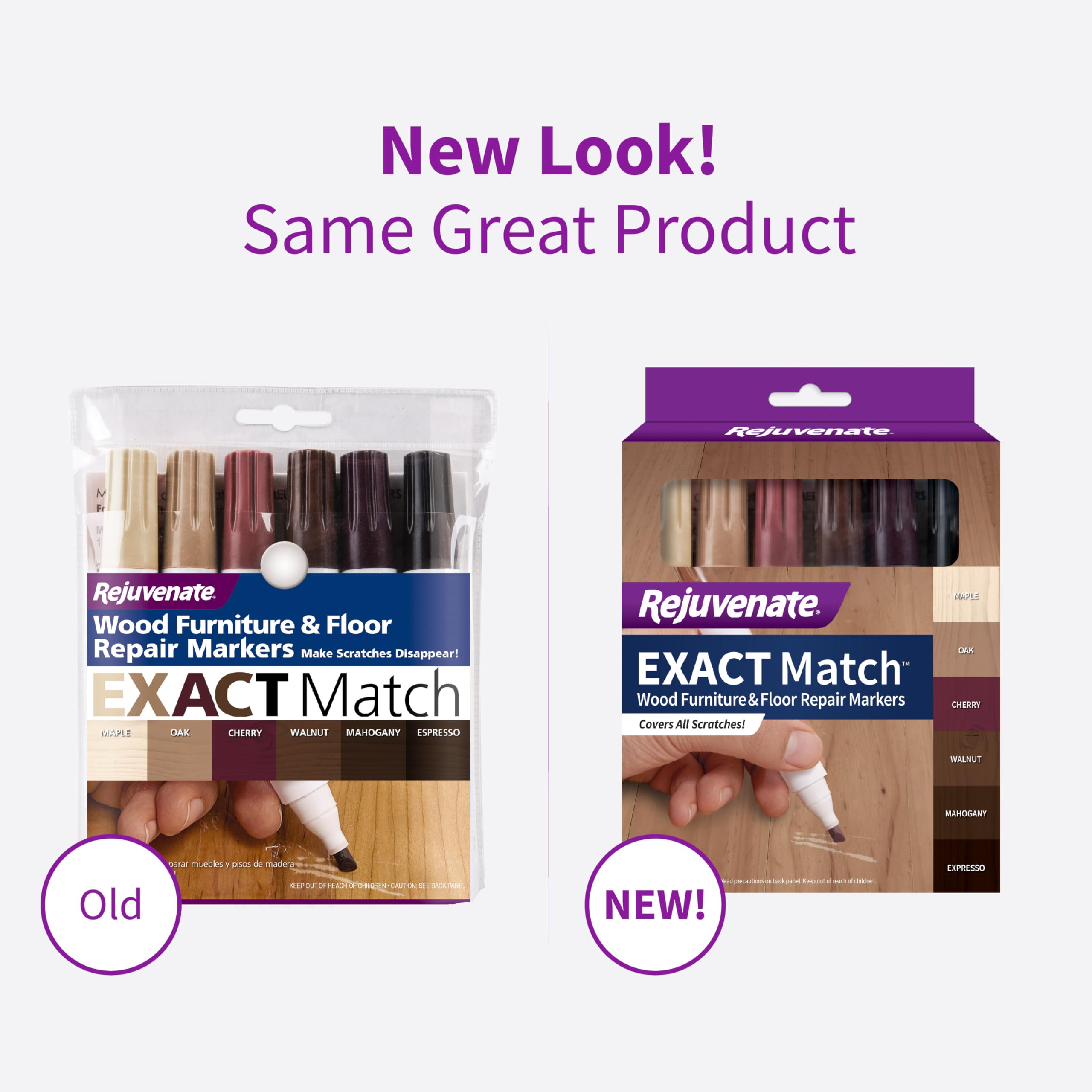 Rejuvenate Exact Match oak color marker blending on cabinet scratches.