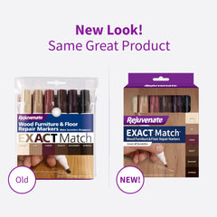 Rejuvenate Exact Match oak color marker blending on cabinet scratches.