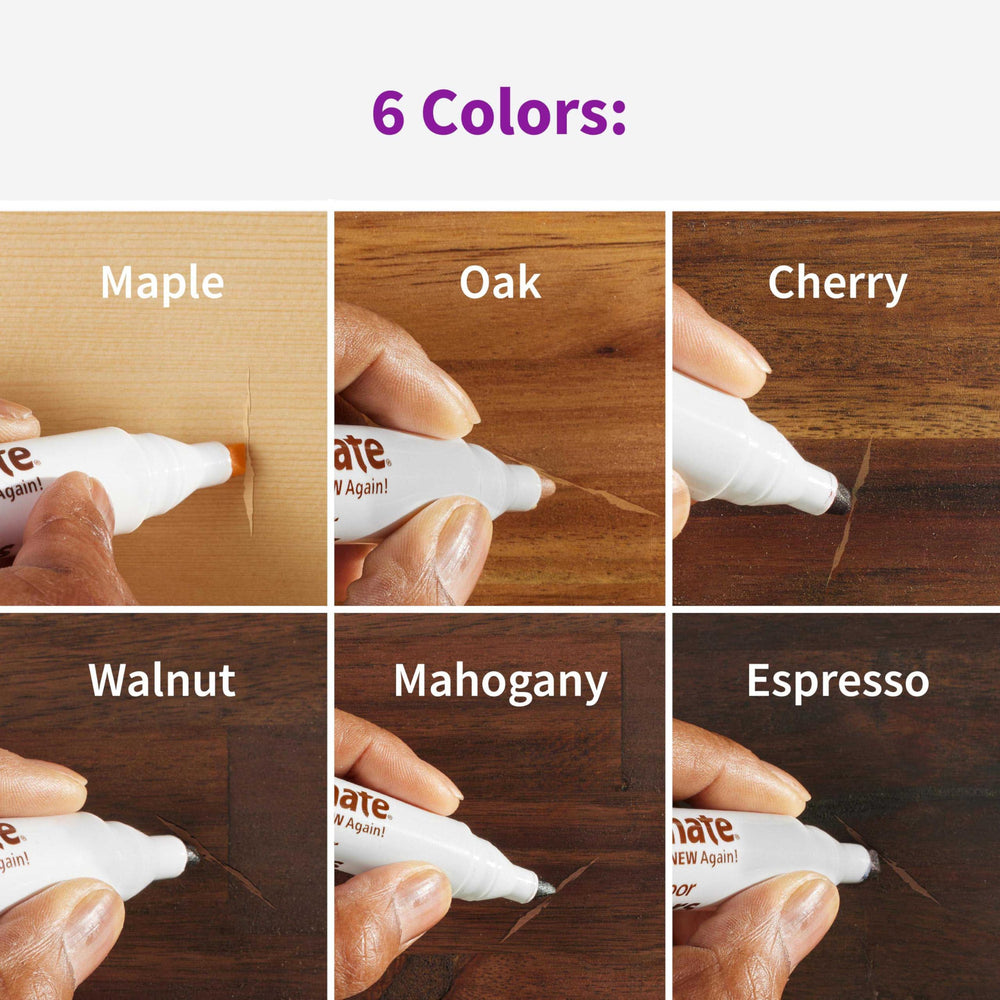 Rejuvenate Exact Match walnut color marker matching dark hardwood scratches.