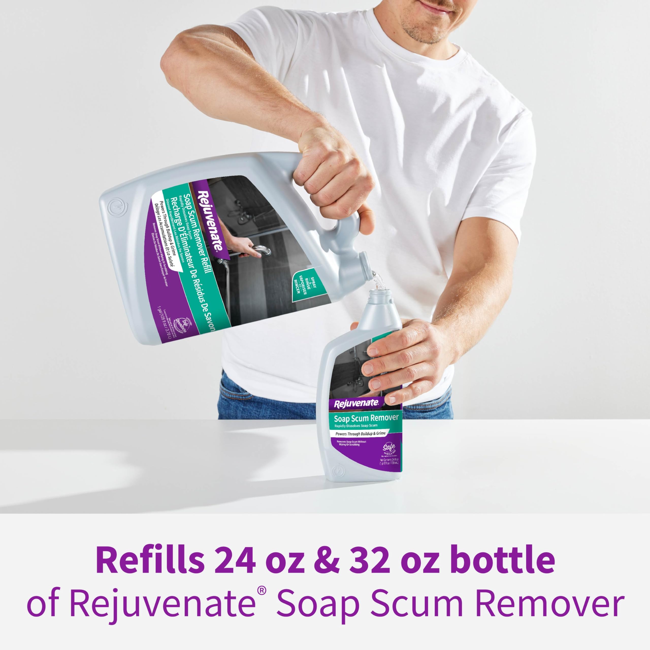Rejuvenate Soap Scum Remover Refill bottle design for compact storage.