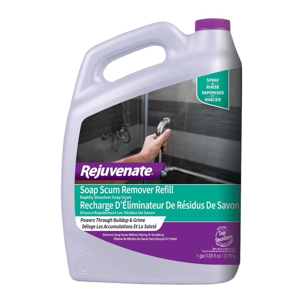 Rejuvenate Soap Scum Remover Refill bottle label with clear usage instructions.
