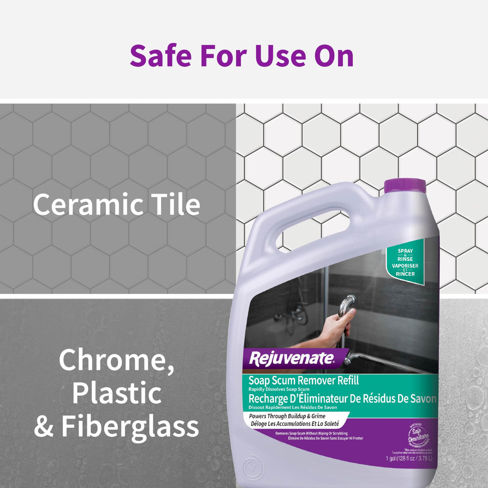 Rejuvenate Soap Scum Remover Refill gallon packaging reduces refill frequency.
