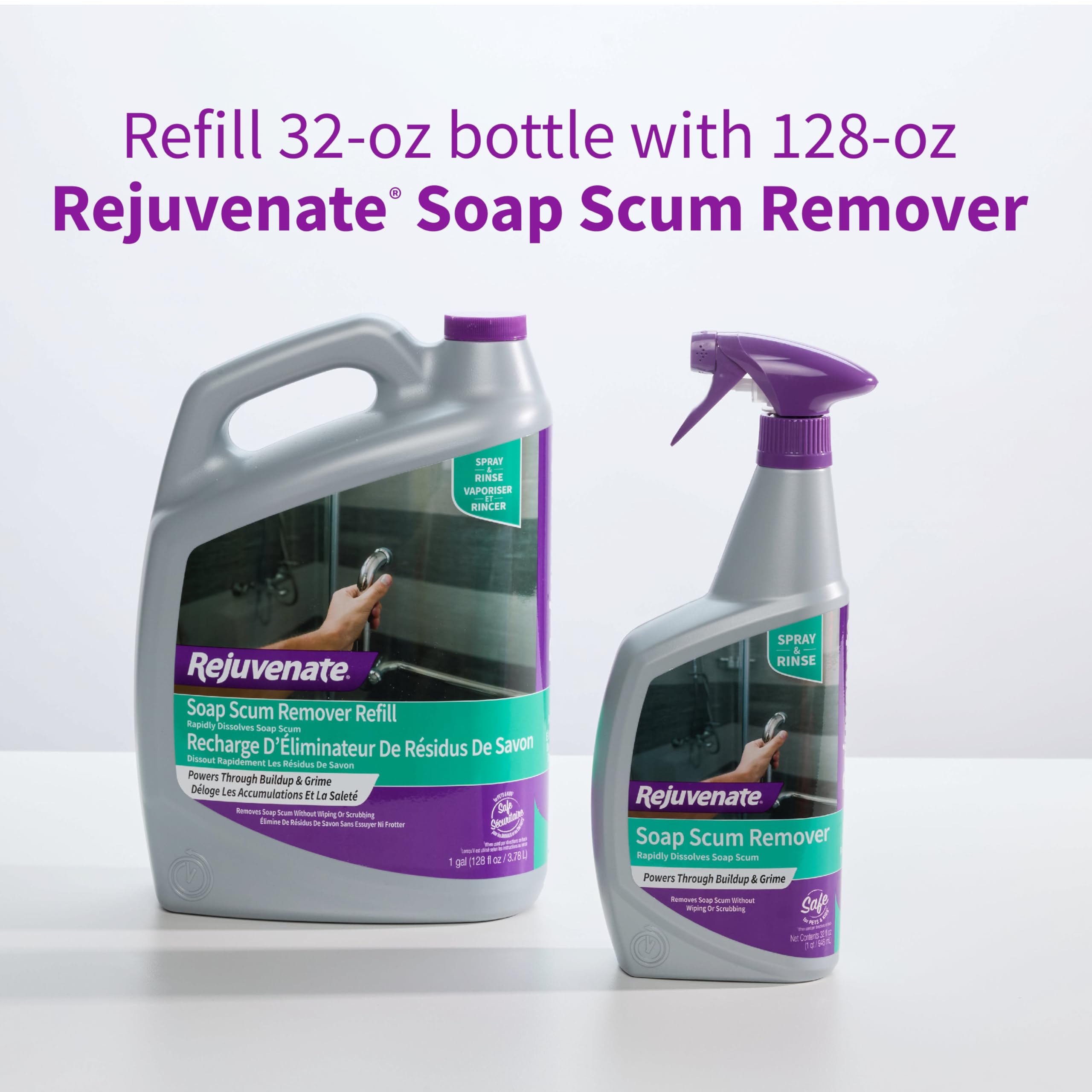 Rejuvenate Soap Scum Remover Refill is safe on glass, tile, chrome, and plastic.