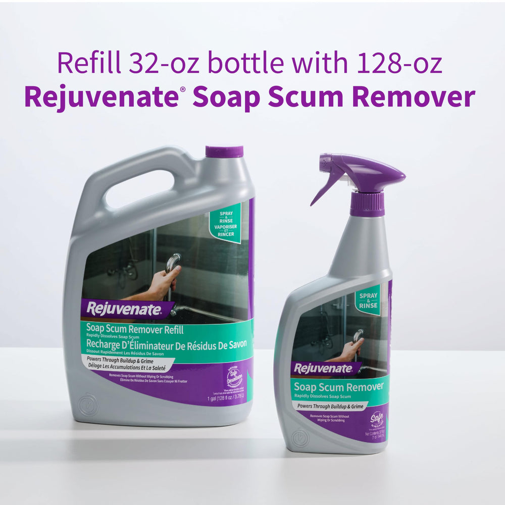 Rejuvenate Soap Scum Remover Refill is safe on glass, tile, chrome, and plastic.