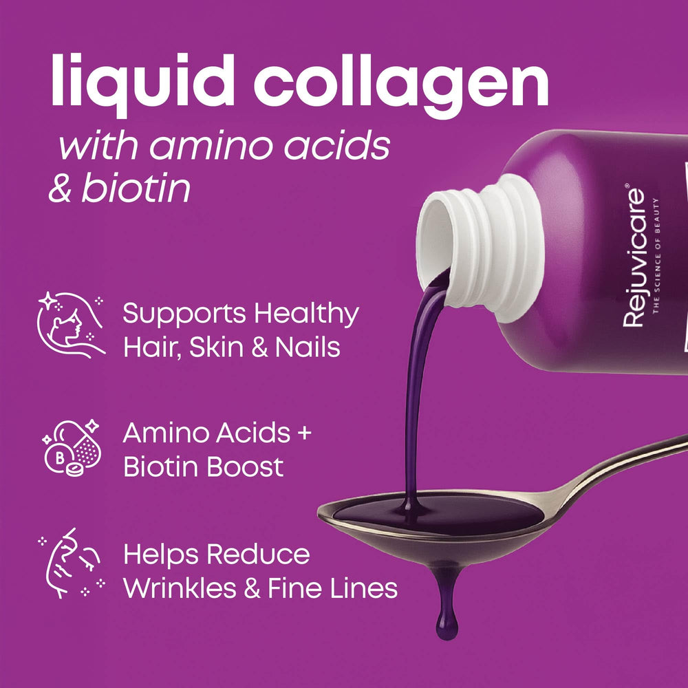 Glass with grape flavored Rejuvicare collagen drink boosting hair shine