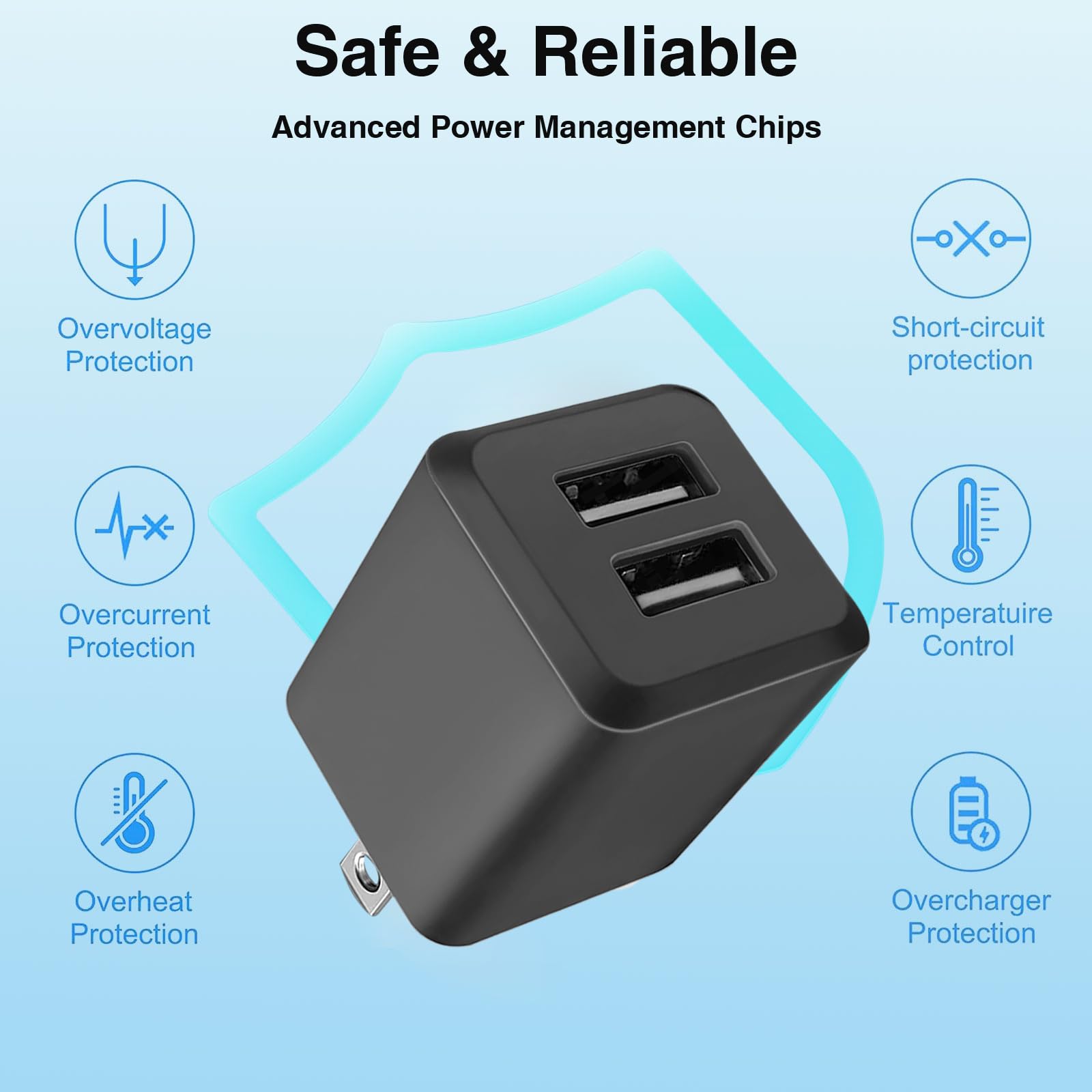 REKNA stacked ports illustrate dual charging capability with safety features.