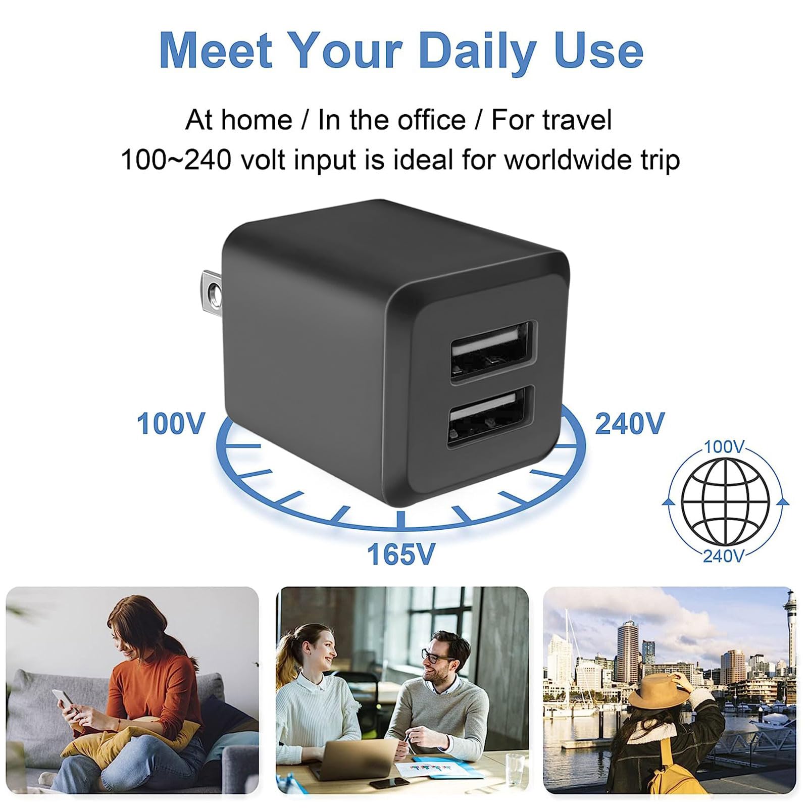 REKNA travel-ready USB wall charger with sleek black finish.