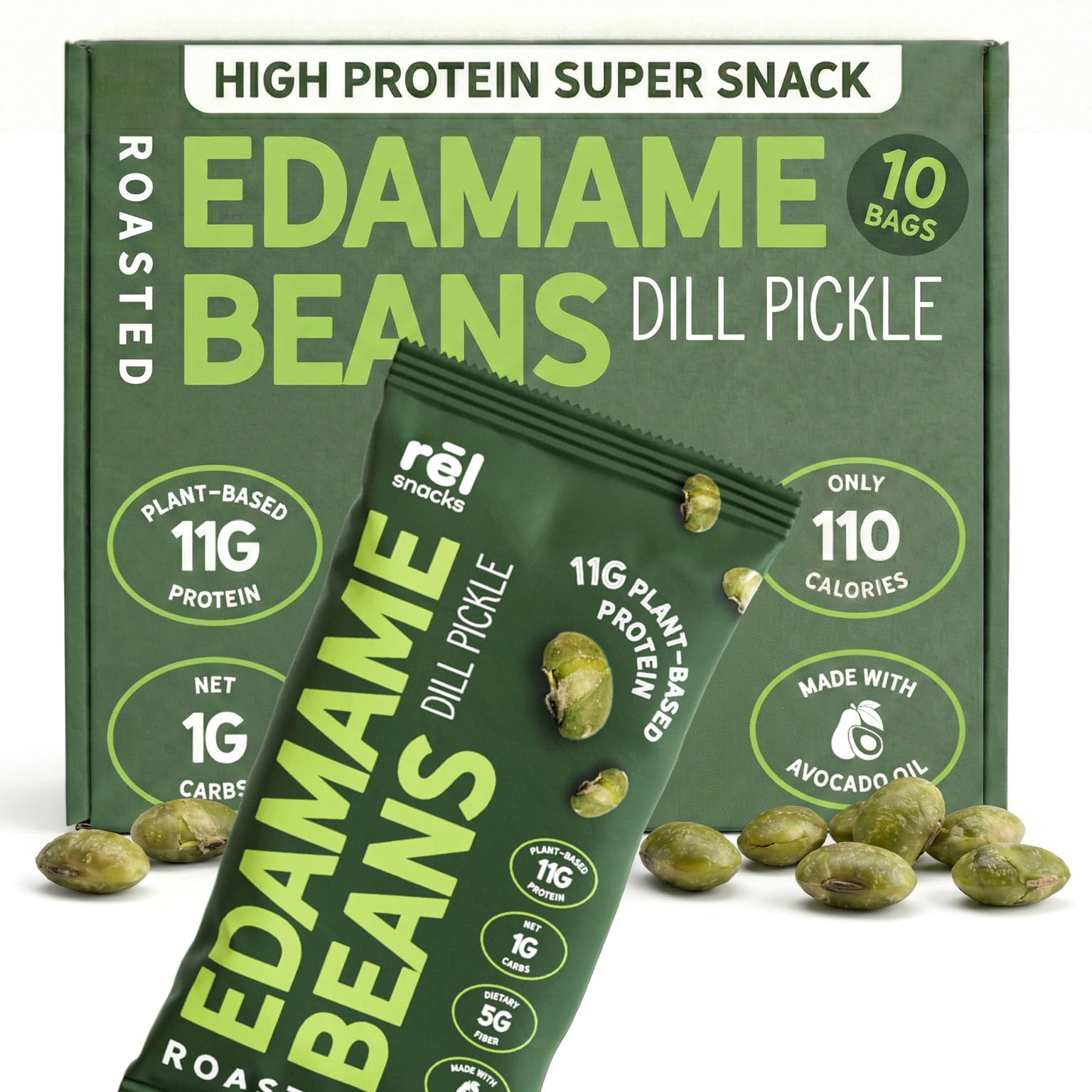 Rel Snacks Dill Pickle Edamame pack highlights protein boost for on-the-go snacking.