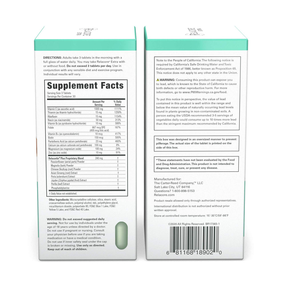 Relacore Extra label-front showcases cortisol regulation for daily balance