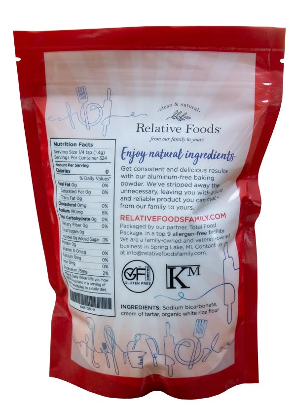 Relative Foods Baking Powder canister close-up shows aluminum-free formula.
