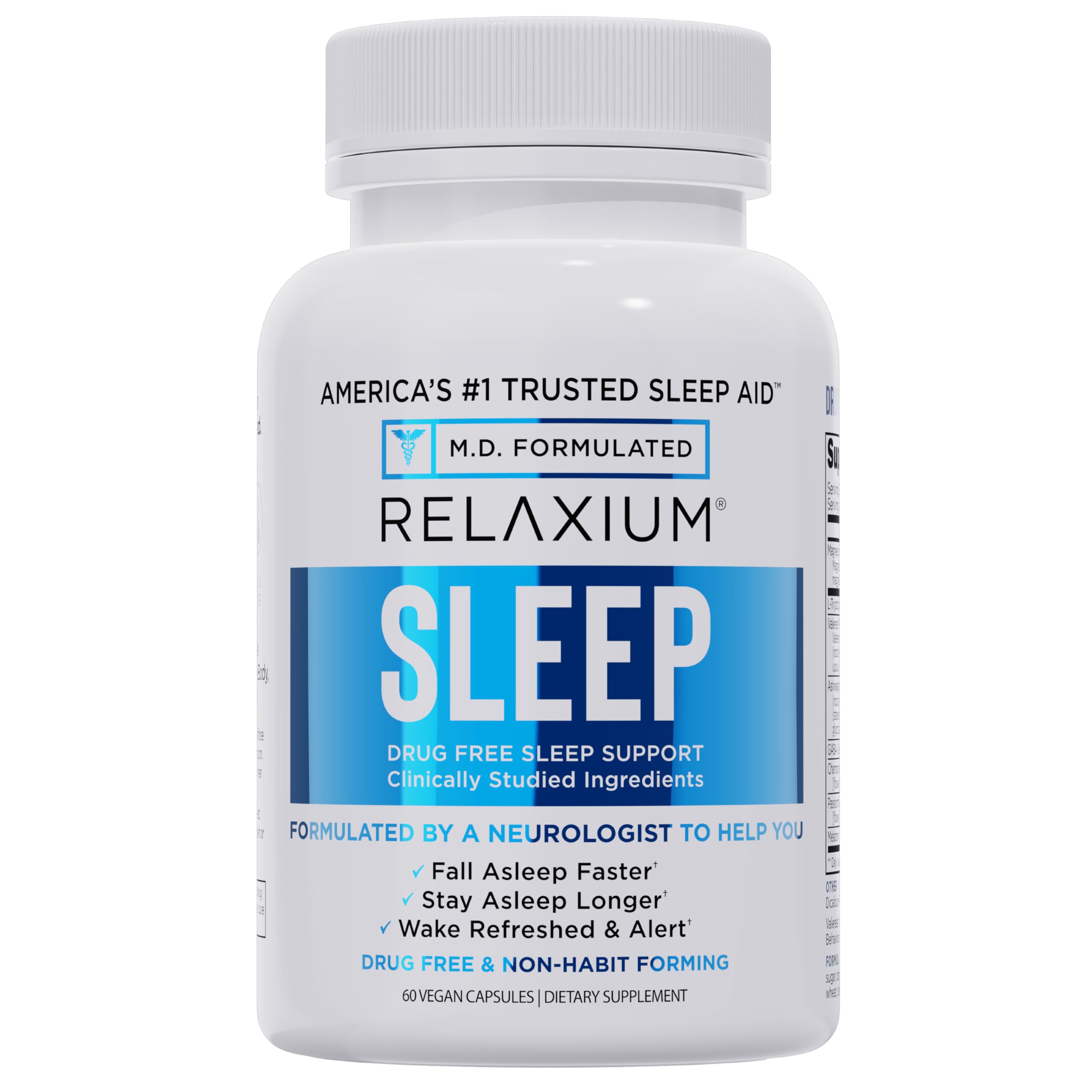 Relaxium Sleep Aid bottle front view showing non-habit forming sleep support