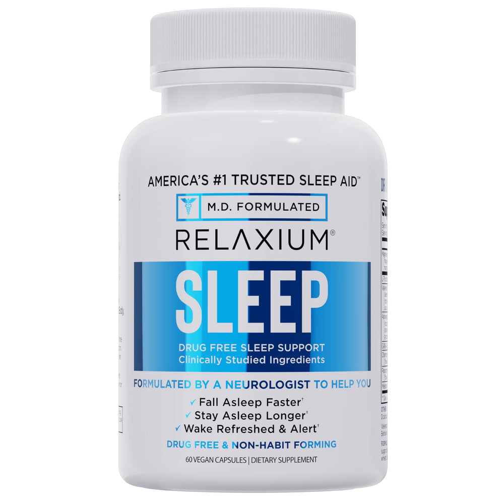 Relaxium Sleep Aid bottle front view showing non-habit forming sleep support