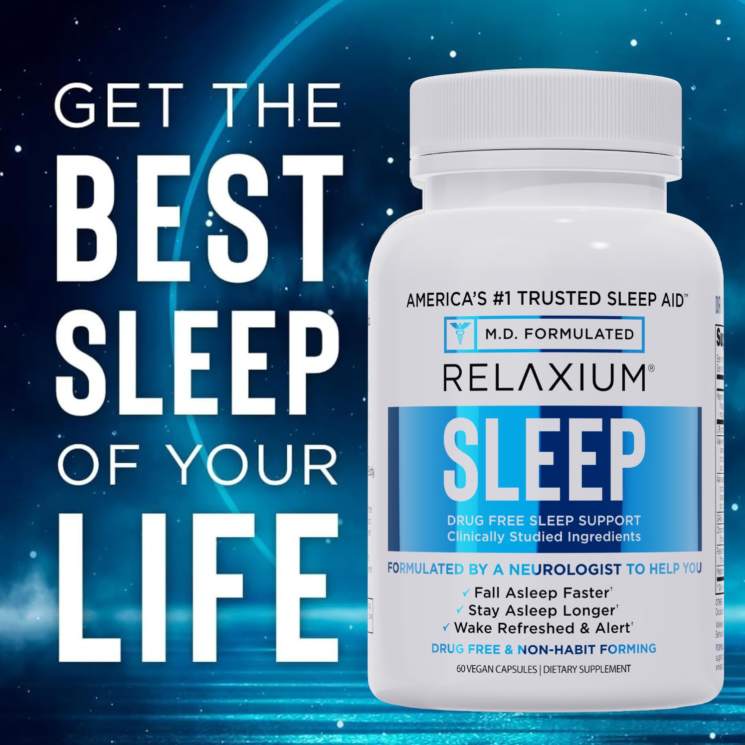 Relaxium Sleep Aid capsules on pillow for bedtime use