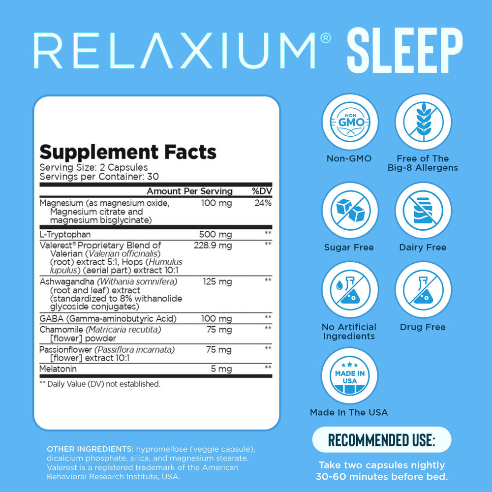 Relaxium Sleep Aid capsules arranged to emphasize easy-to-swallow design.