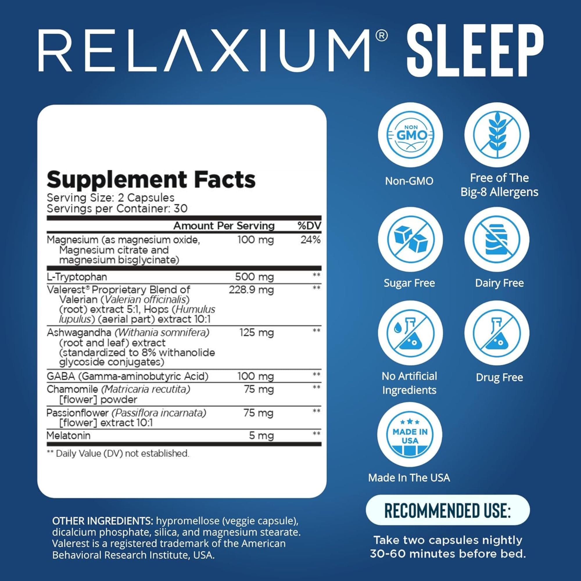 Relaxium Sleep Aid ingredients label close-up for restful nights