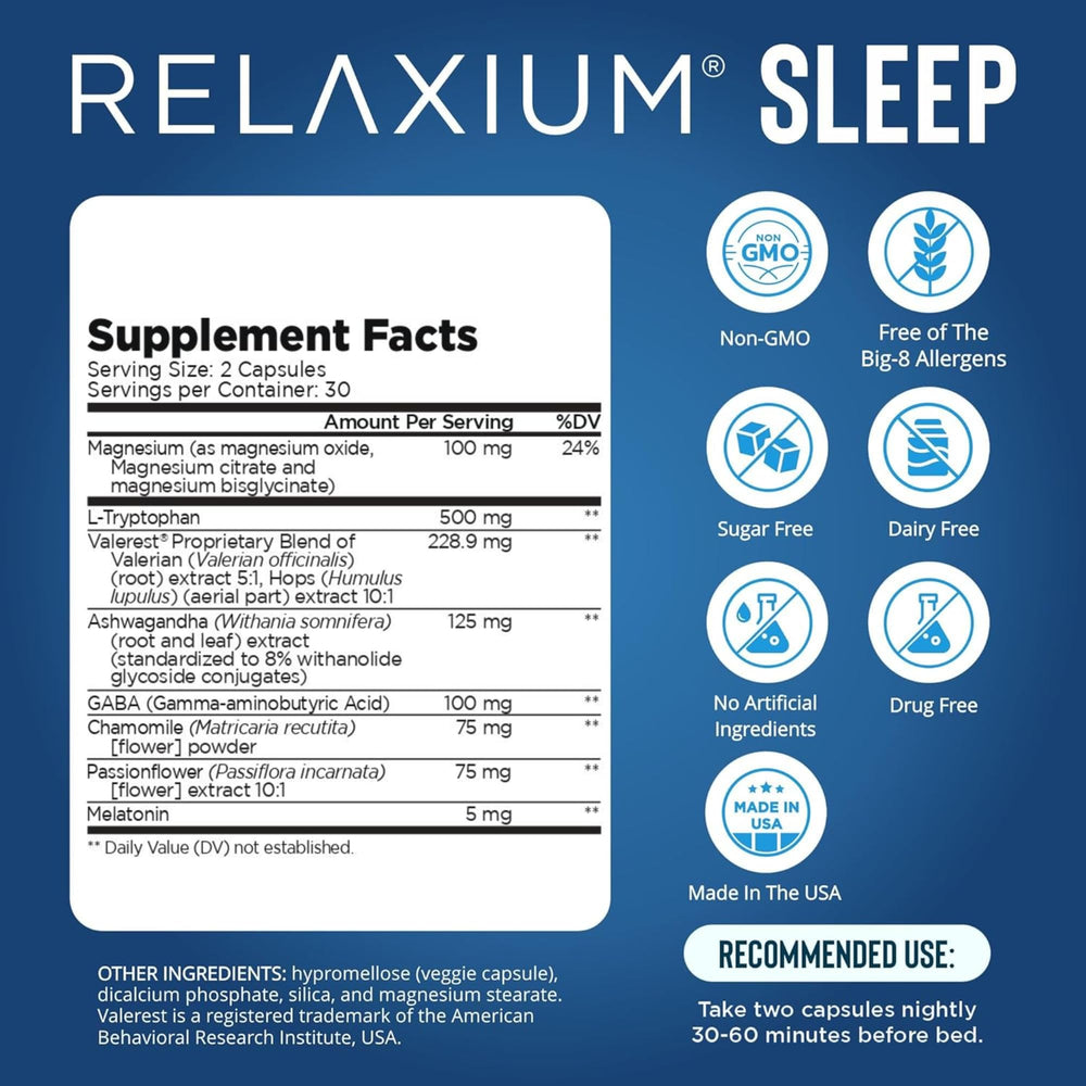 Relaxium Sleep Aid ingredients label close-up for restful nights