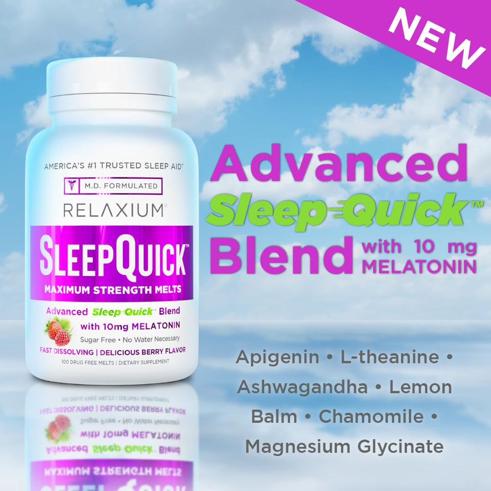 Relaxium Sleep Melts 10mg melatonin label signaling strong sleep support.