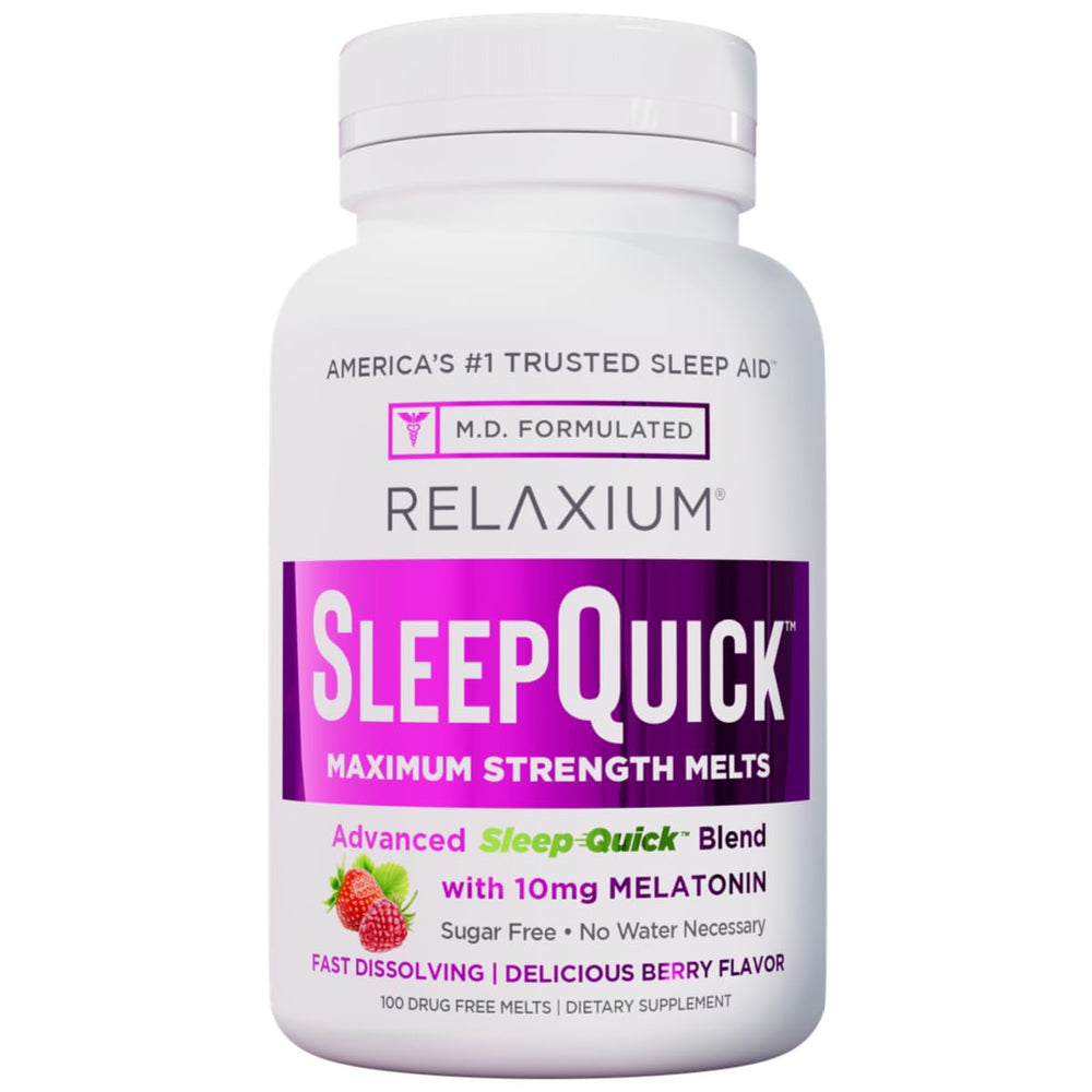 Relaxium Sleep Melts berry packaging front highlighting brand for easy nightly use.
