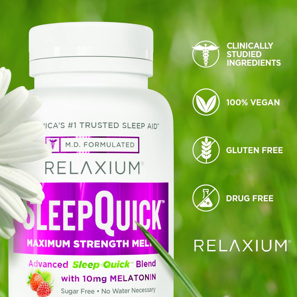 Relaxium Sleep Melts ingredients panel featuring key botanicals and minerals.