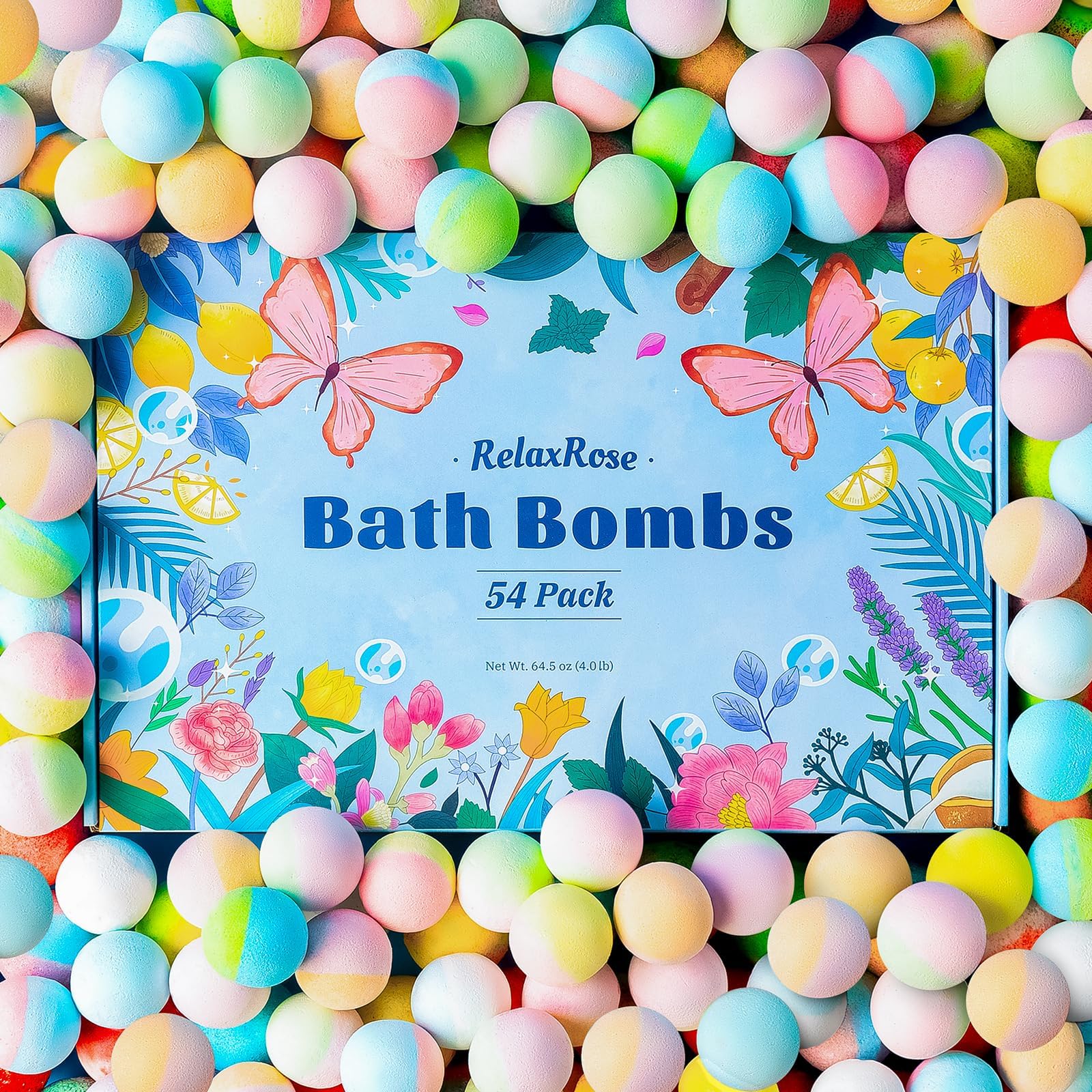 RelaxRose 54-pack bath bombs unleash colorful bubbles for a playful bath experience.