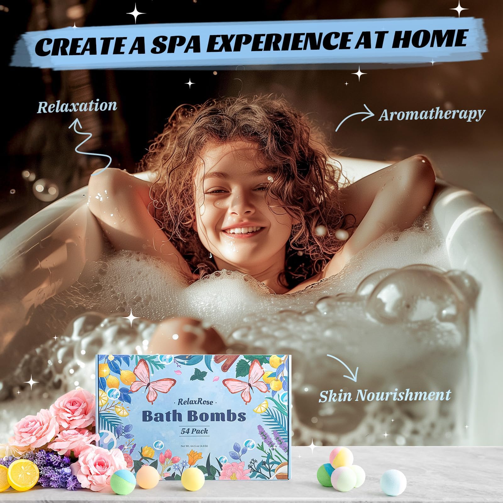 RelaxRose natural ingredients provide a skin-friendly soak with essential oils and salts.