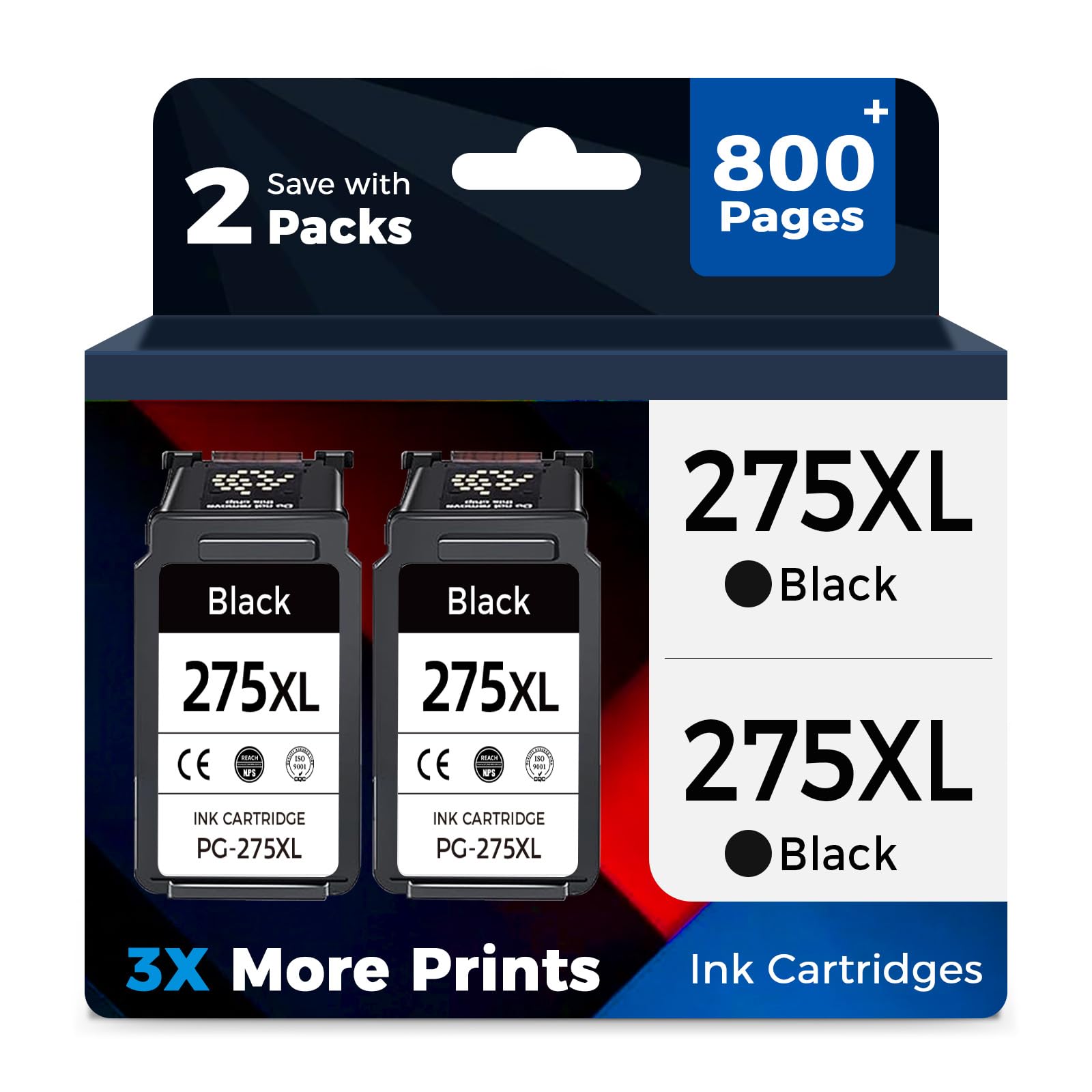 Relcolor Canon 275XL black 2-pack in box with upgraded chips for quick setup.