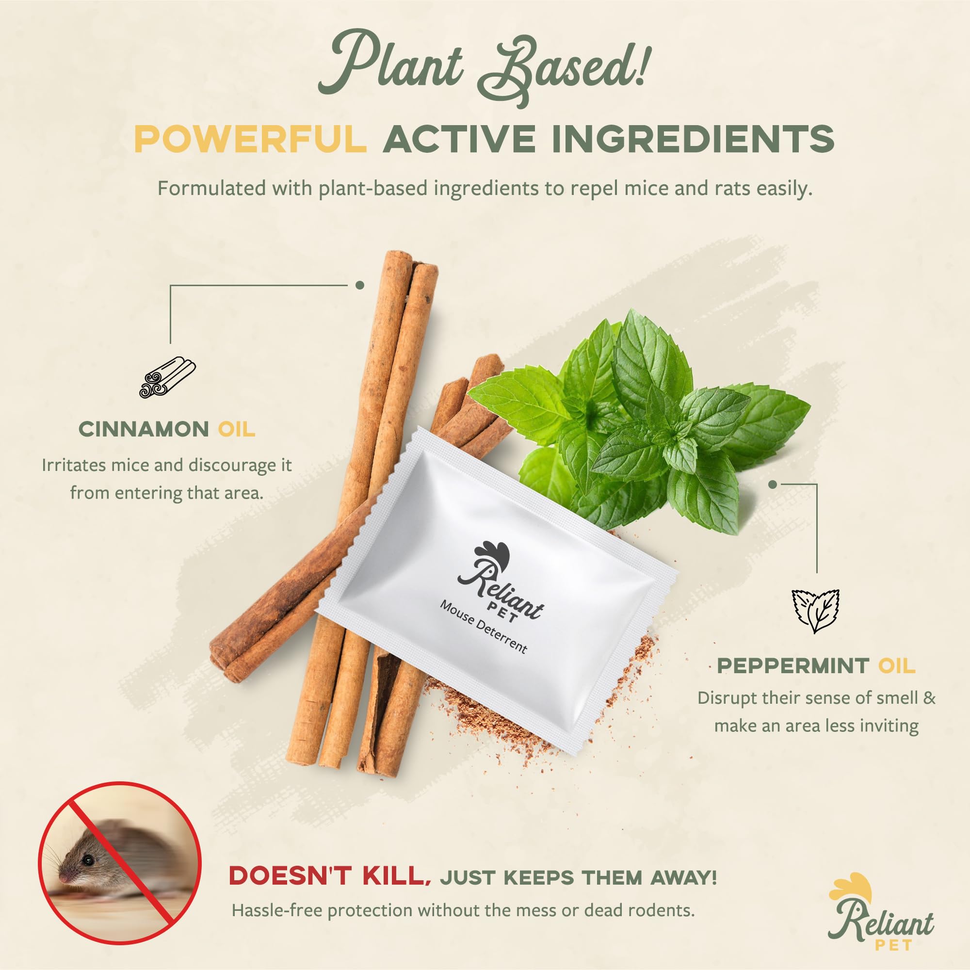 Reliant Pet mouse repellent pouches in garage show outdoor-friendly pest deterrence.