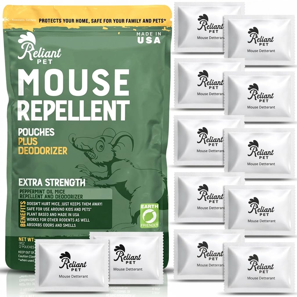 Reliant Pet mouse repellent pouches packaging shows premium American-made design for home protection.