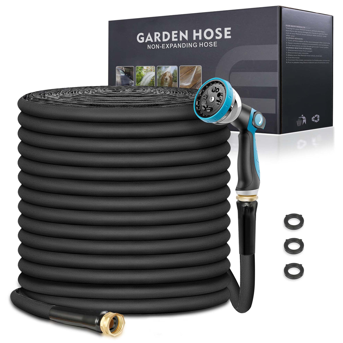 Relxitl garden hose 100ft fully extended for broad yard watering.