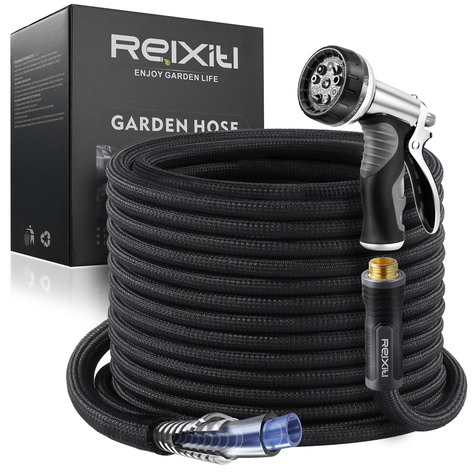 Relxitl garden hose 100ft extended for broad yard watering and reach.