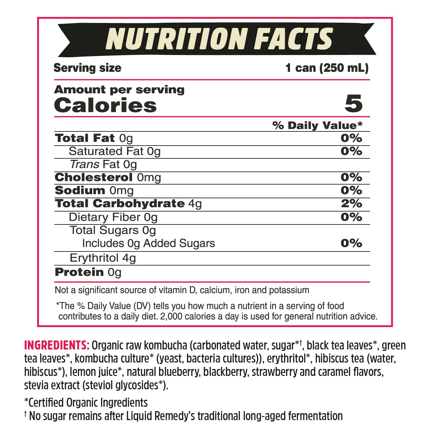 Remedy Liquid Kombucha Mixed Berry can, back label, low calorie choice for mindful hydration.