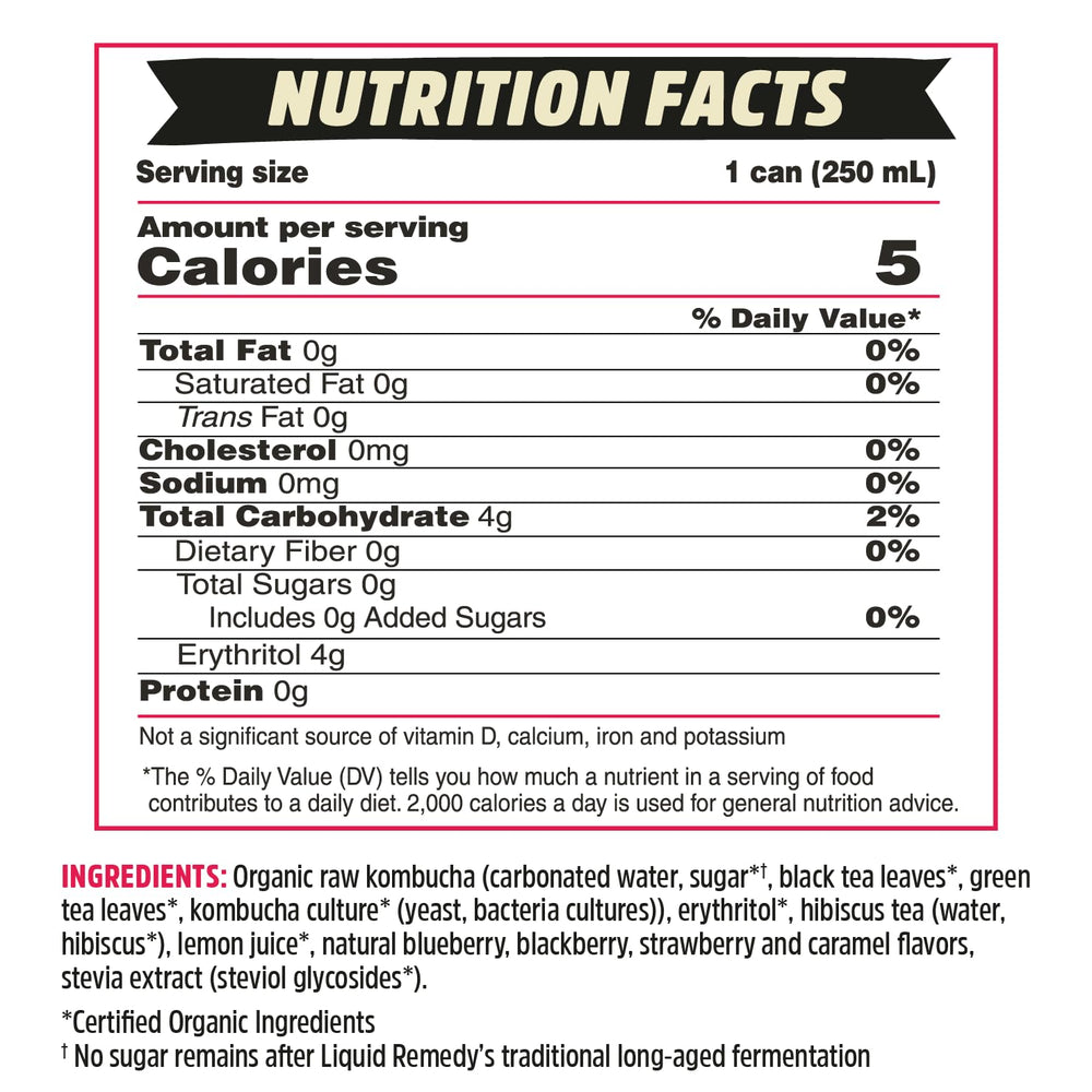 Remedy Liquid Kombucha Mixed Berry can, back label, low calorie choice for mindful hydration.